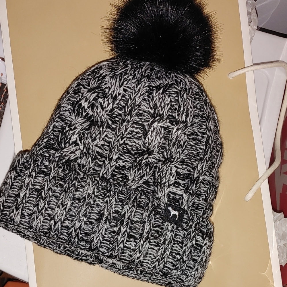 Victoria Secret Pink Black and Gray Knit Beanie with Black Fluffy Pom Pom